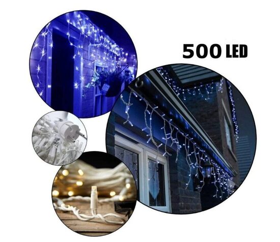 500 LED 25 metrai lempučių lauko girlianda varvekliai su baltu laidu, mėlynos spalvos flash